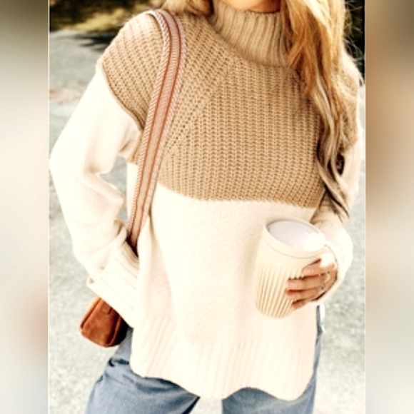 Ann Taylor Women Oversize Wool Blend Seeater Colorblock Mock Neck Cream/Mauve S - Picture 1 of 16